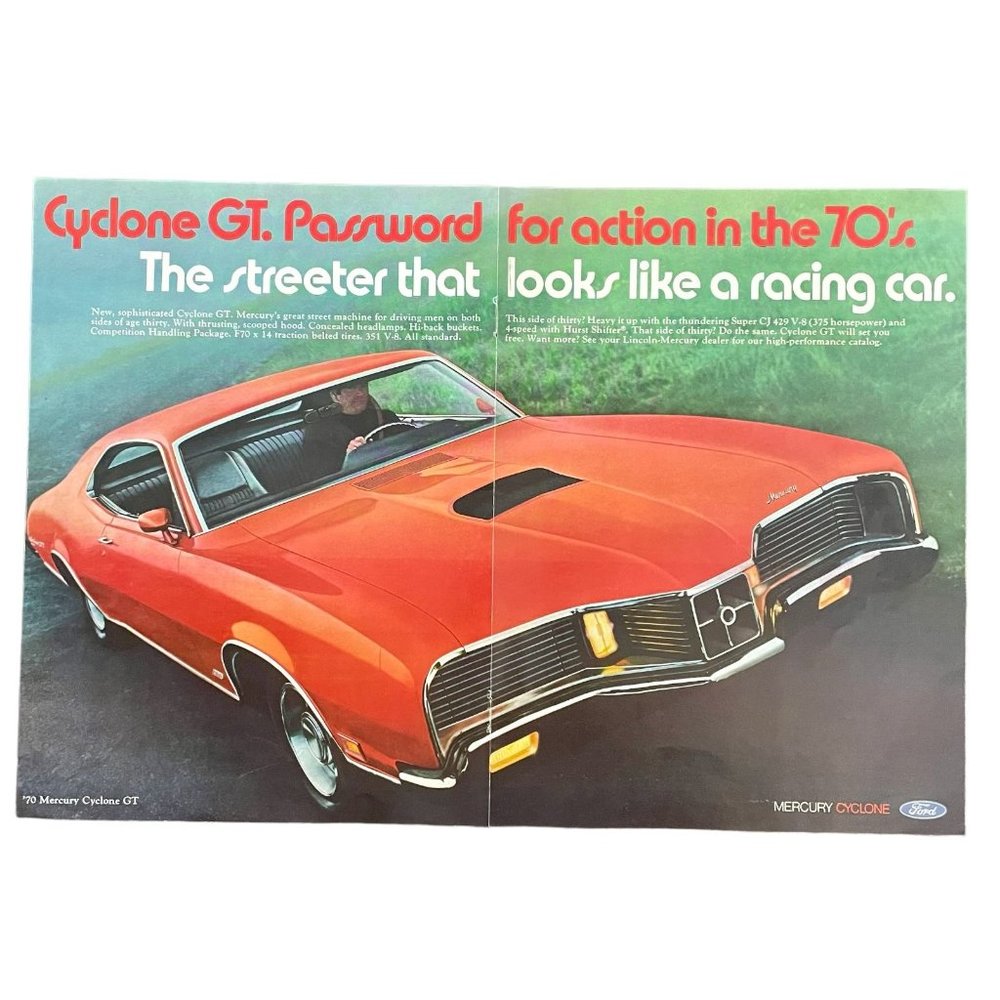 1970 Mercury Cyclone GT Coupe Vintage Print Ad Poster 16x11 Wall Art Photo